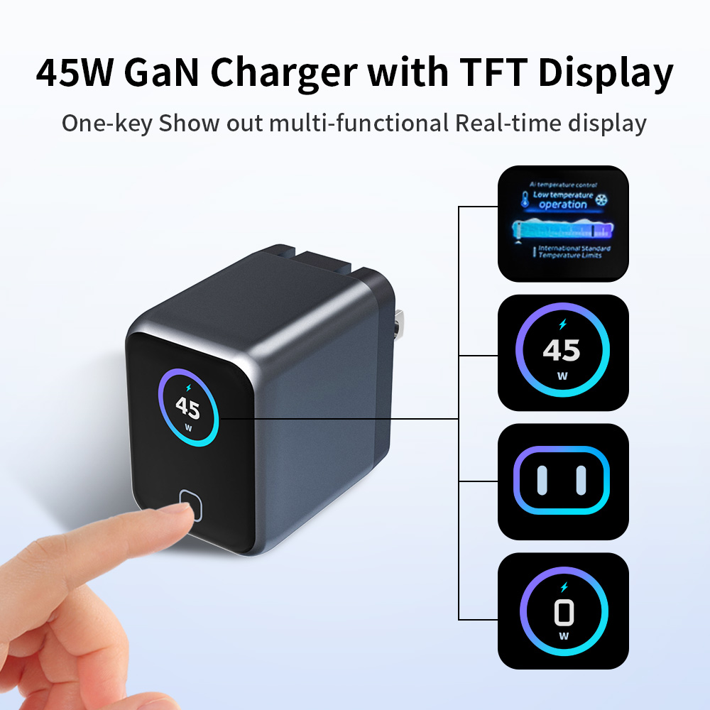 Mini Compact Fast GaN Charger 45W With 1.14inch TFT Smart Display