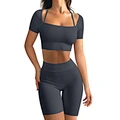 Women Soft Compression Seamless Ribbed Training Shorts and Tops Set