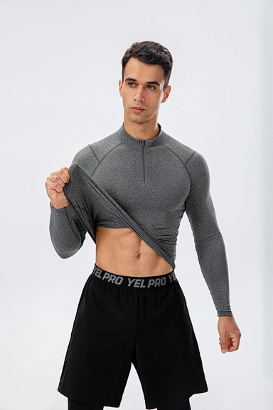 Polyester Spandex fabric men long sleeve quick dry fitness gym t shirt tee Diving Cycling tennis