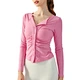 Lapel thin cardigan yoga jacket with pleated front chest, slim fit yoga long sleeved fitness top