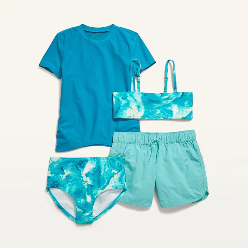 OEM Custom Print 3 Pieces Set Swimsuit Kids Swimwear Girls Bikini Boys Swim Trunks Board Shorts Short Sleeves Rash Guard Shirts