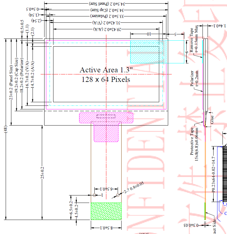 The drawing of PM OLED 1.3 inch