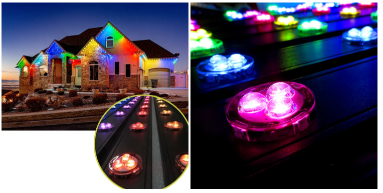 Éclairage permanent installé sur la ligne de toiture d’une maison avec points LED RGBW