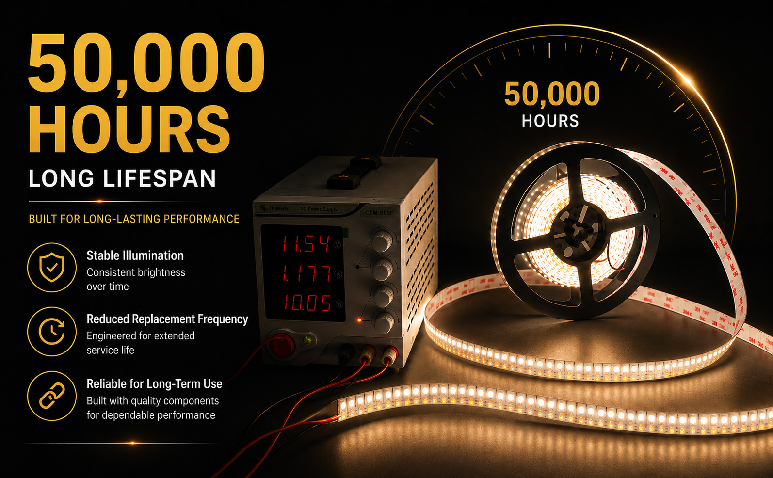 High-quality 3D Side-Bend LED Strip designed for long-lasting performance with up to 50,000 hours lifespan. Stable brightness, reliable components and consistent light output make it suitable for architectural lighting, cabinet lighting, curved surface lighting and custom installation projects.
