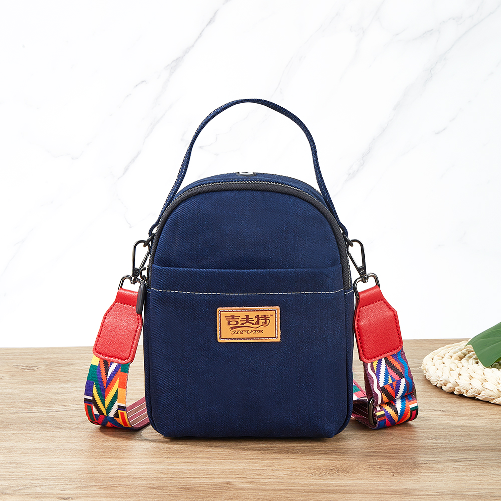 Handbag denim fabric,crossbody bags with colorful wide strap,small custom bags provided convenience for women,custom embroidered totes bringing unique design to the bag.