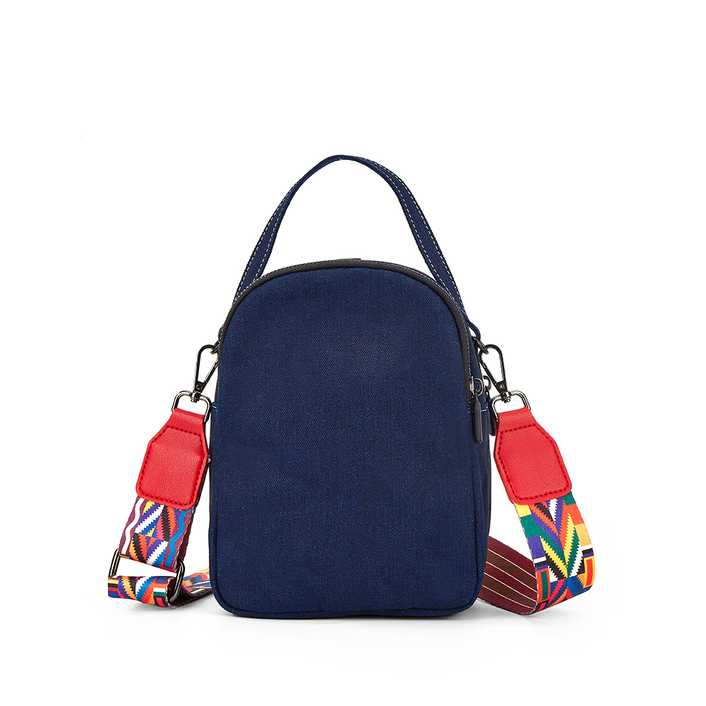 Handbag denim fabric,crossbody bags with colorful wide strap,small custom bags provided convenience for women,custom embroidered totes bringing unique design to the bag.