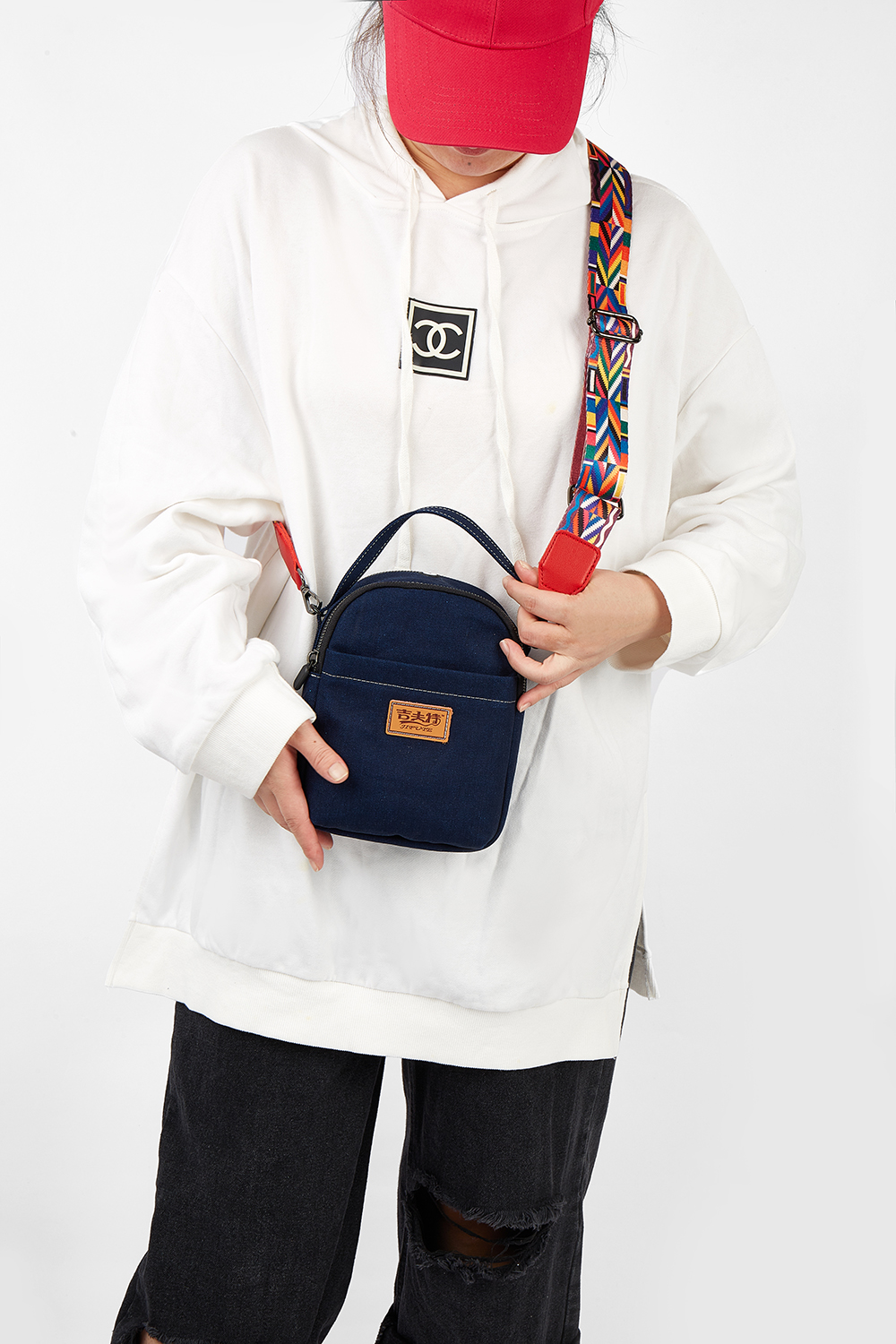 Handbag denim fabric,crossbody bags with colorful wide strap,small custom bags provided convenience for women,custom embroidered totes bringing unique design to the bag.