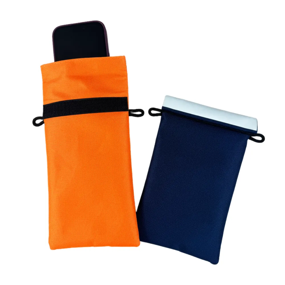 This is orange and blue bag with phone.