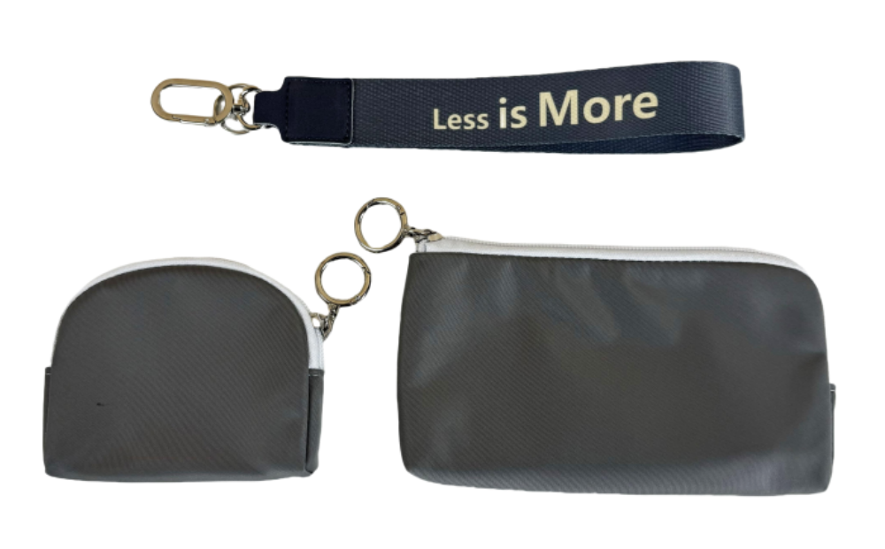 grey cell phone bag and small coin bag with safety keychain