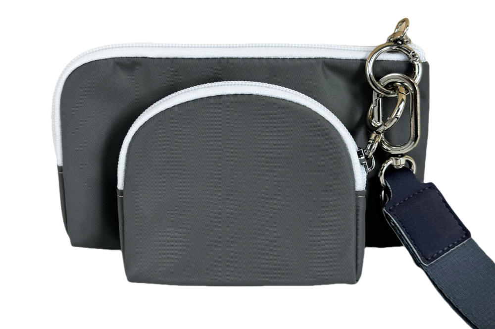 grey cell phone bag and small coin bag with safety keychain