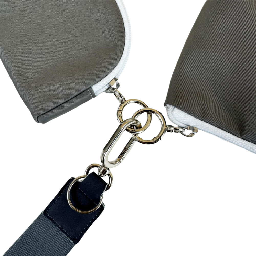 grey cell phone bag and small coin bag with safety keychain