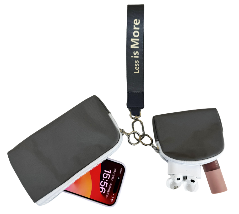 grey cell phone bag and small coin bag with safety keychain