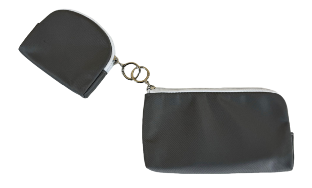 grey cell phone bag and small coin bag with safety keychain