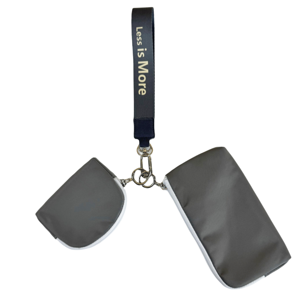 grey cell phone bag and small coin bag with safety keychain