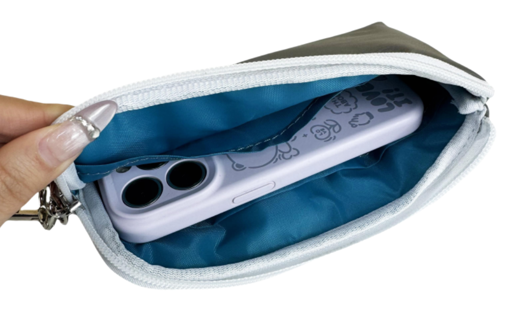 grey cell phone bag and small coin bag with safety keychain