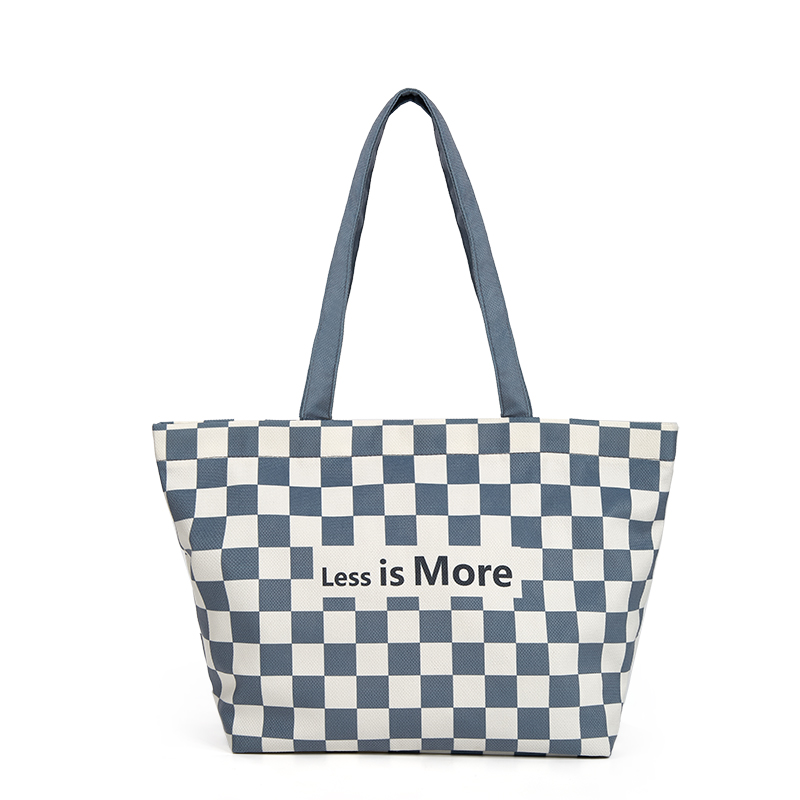 Checkerboard pattern, 'Less is More' attitude, large capacity large tote bags.
