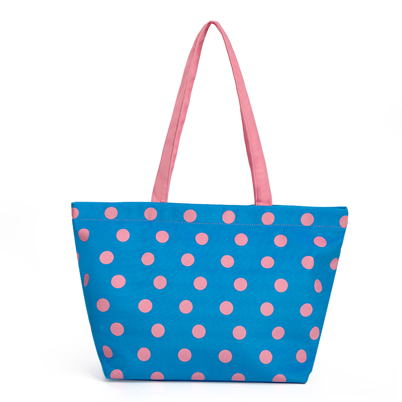 The back of the zipper tote bag with pink handle.
