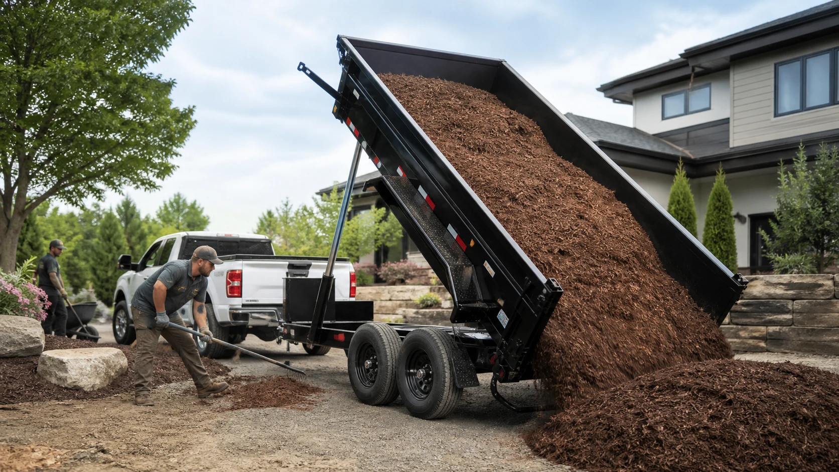 Remolque volquete de jardinería descargando mantillo eficientemente en una obra comercial