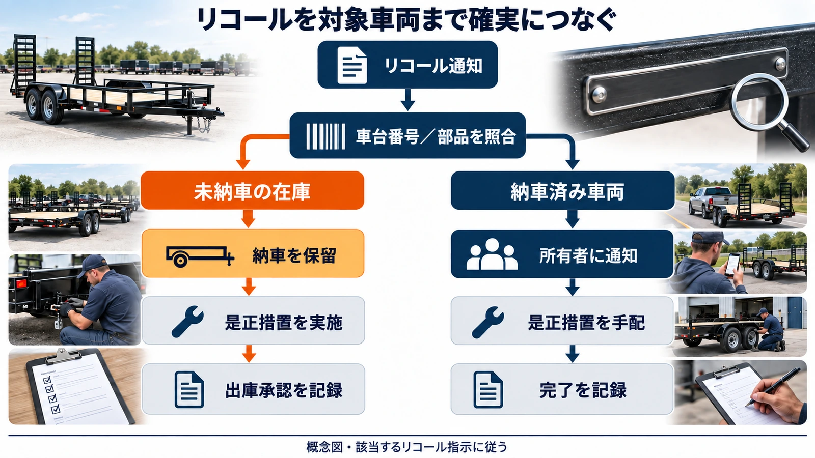 トレーラーのリコール文書と販売店の納車保留フロー