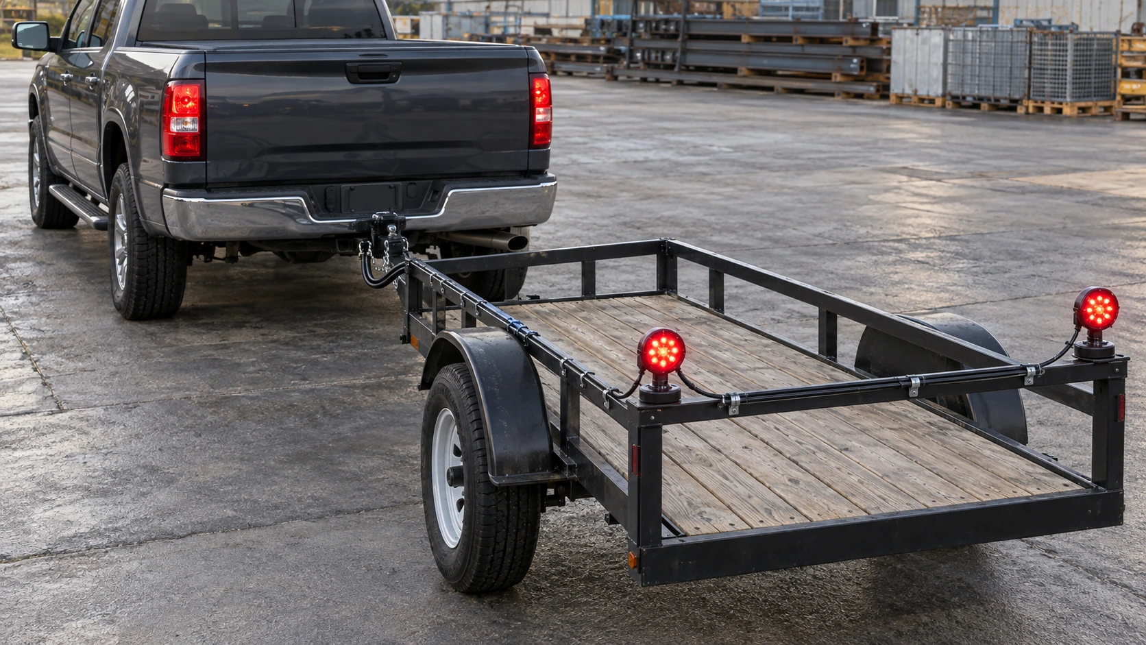 Wired magnetic towing lights connected to a pickup truck with a secured temporary harness