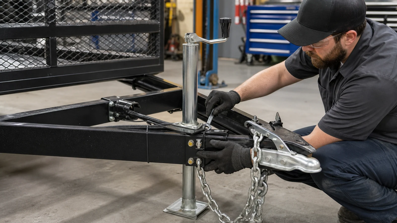 Technician servicing trailer jack coupler brackets and mounting hardware in a professional workshop
