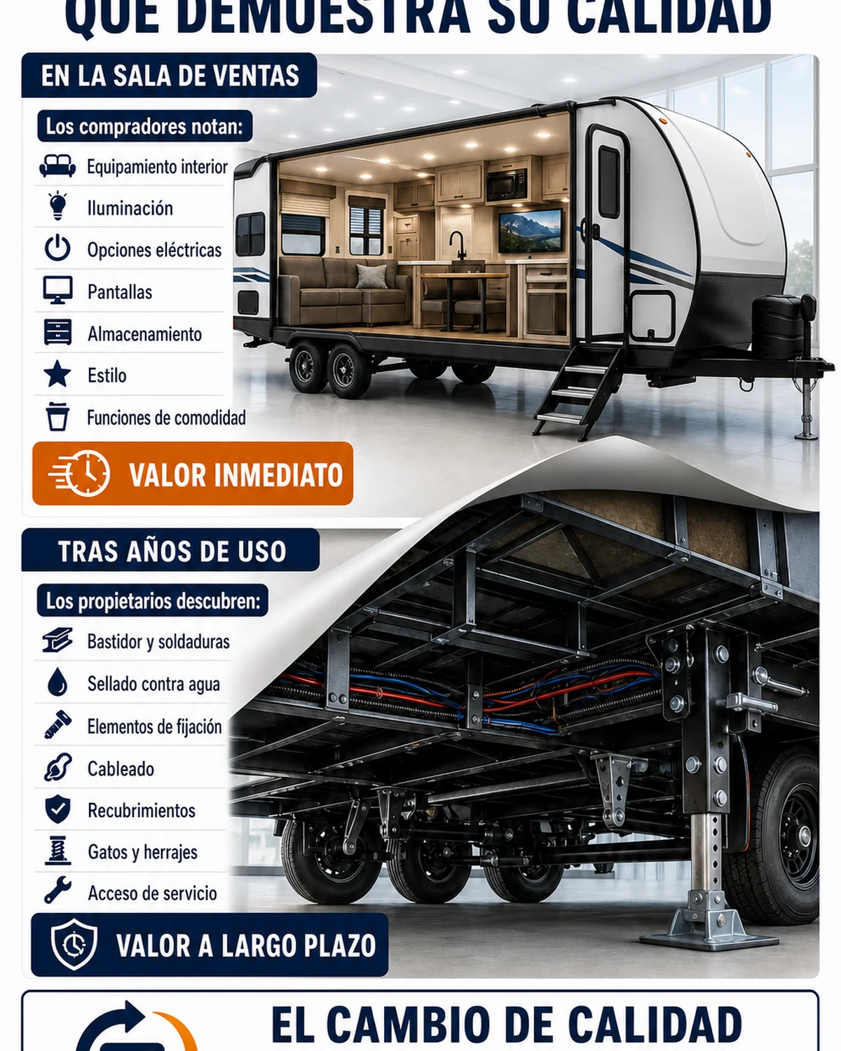 Infografía que compara funciones visibles del remolque con la calidad de construcción oculta que se descubre durante la propiedad