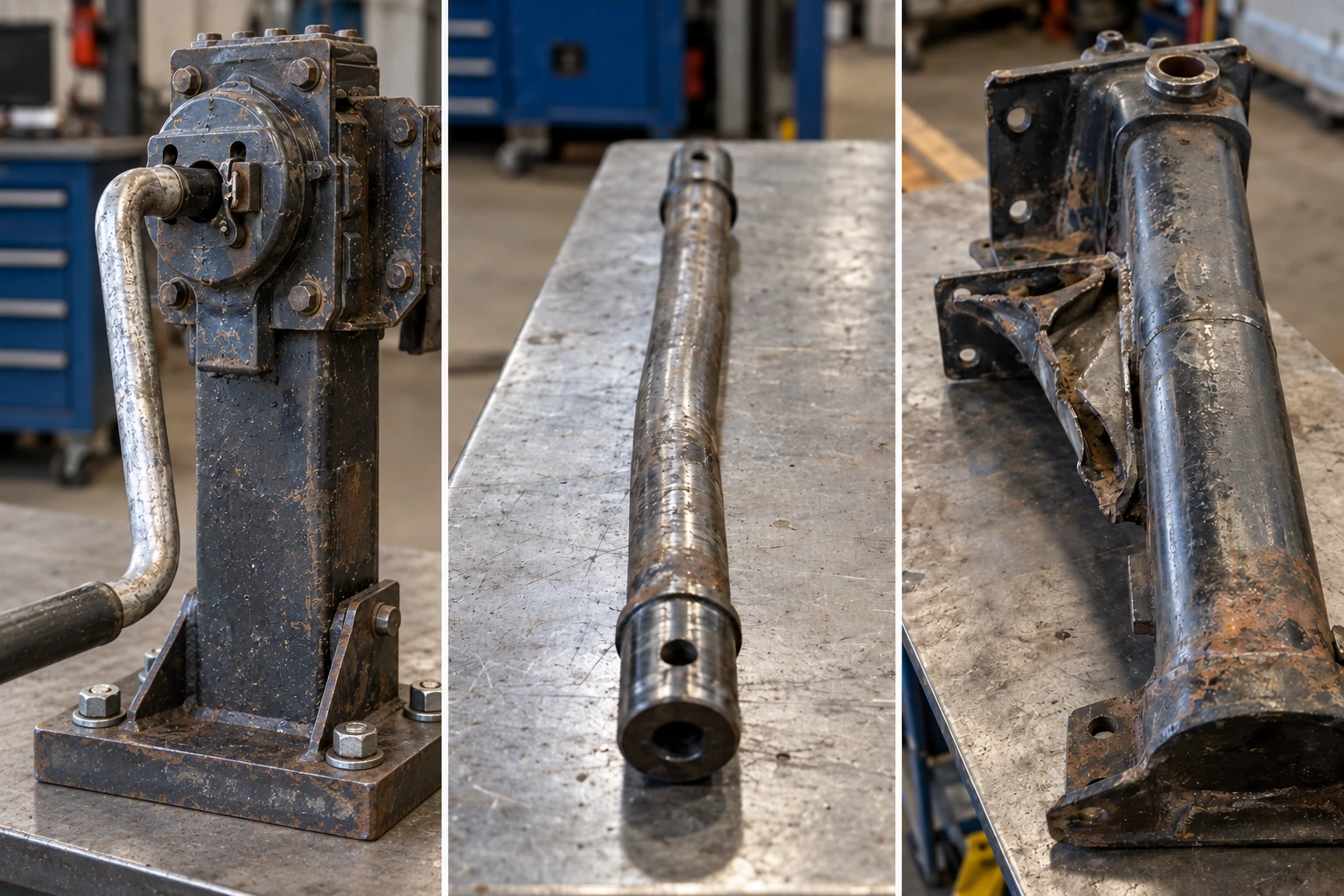 Crank selector, bent cross shaft and damaged landing gear mounting components prepared for workshop inspection.