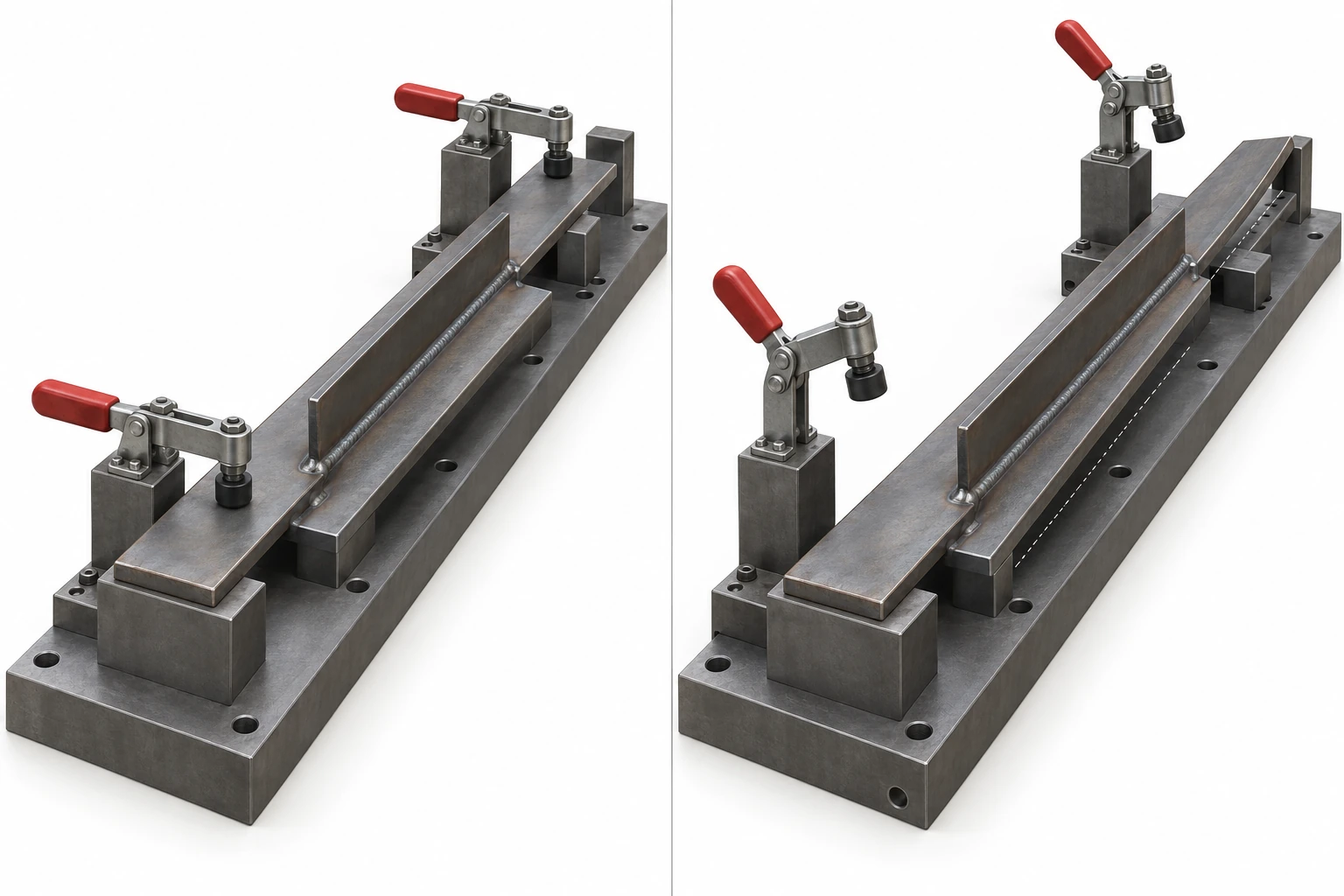 Welded trailer component changing shape after being released from its manufacturing fixture.