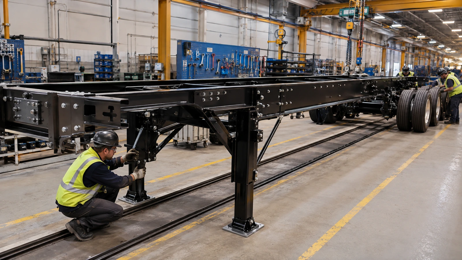 Trailer subassemblies being integrated on a North American trailer assembly line