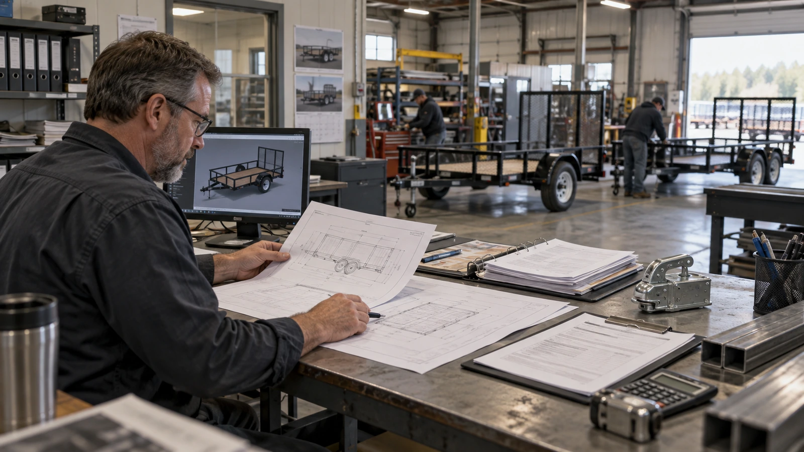 Pequeno fabricante de reboques gerenciando engenharia e conformidade regulatória