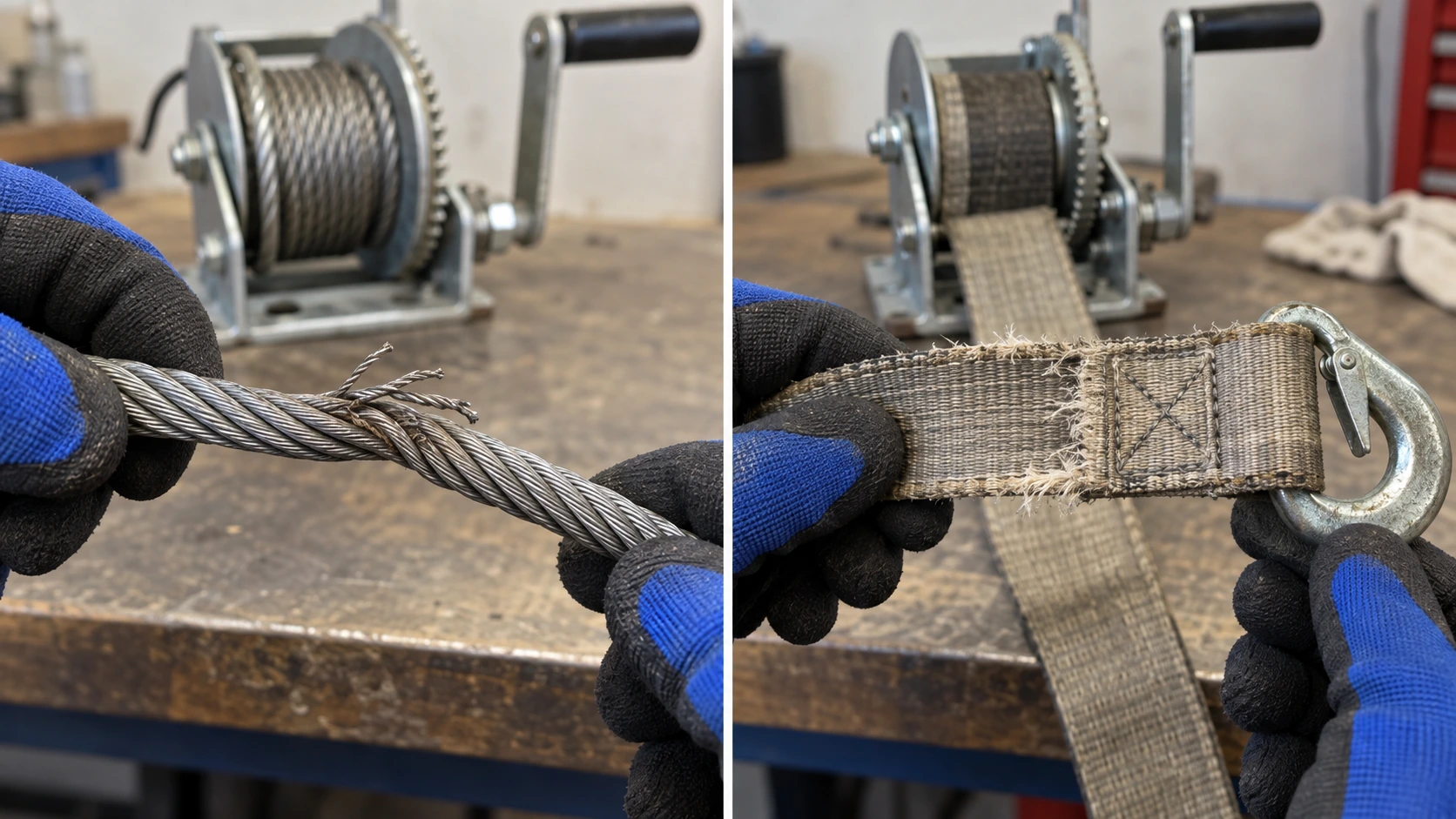 Inspección de deformaciones del cable y abrasión en bordes de cinta.