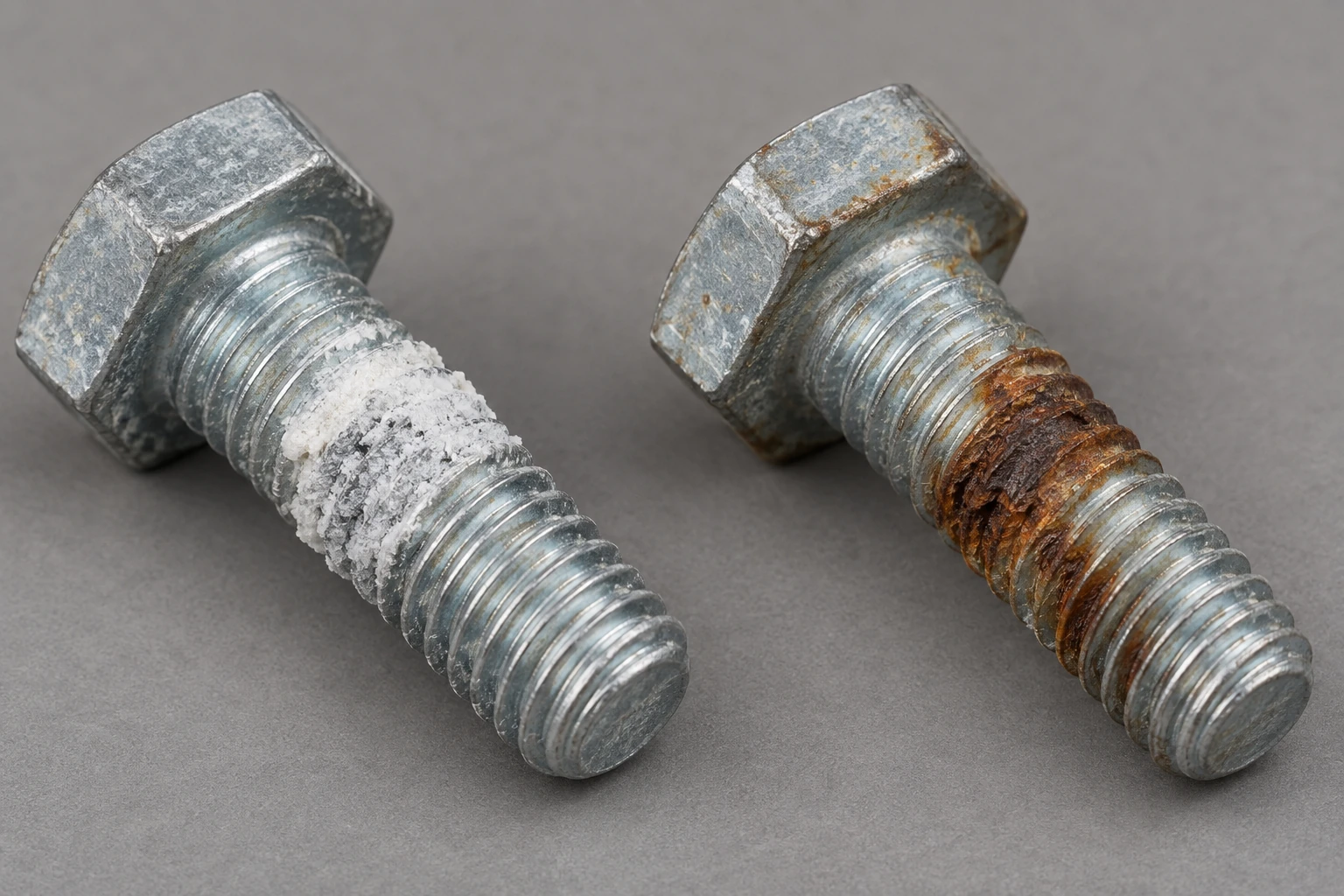 White zinc corrosion products compared with localized red rust on the steel beneath a zinc coating.