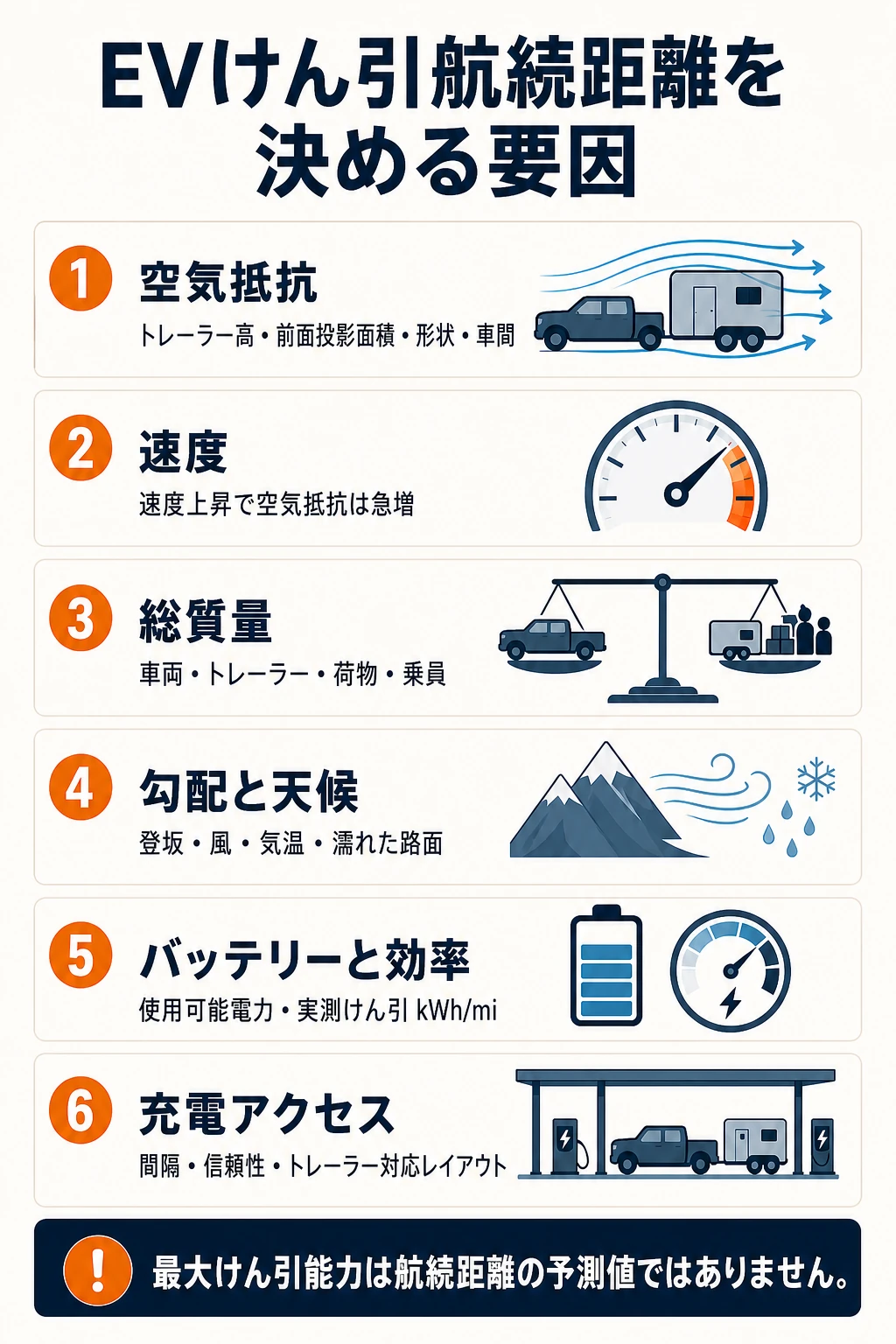 EVけん引航続距離を決める6要因の日本語インフォグラフィック