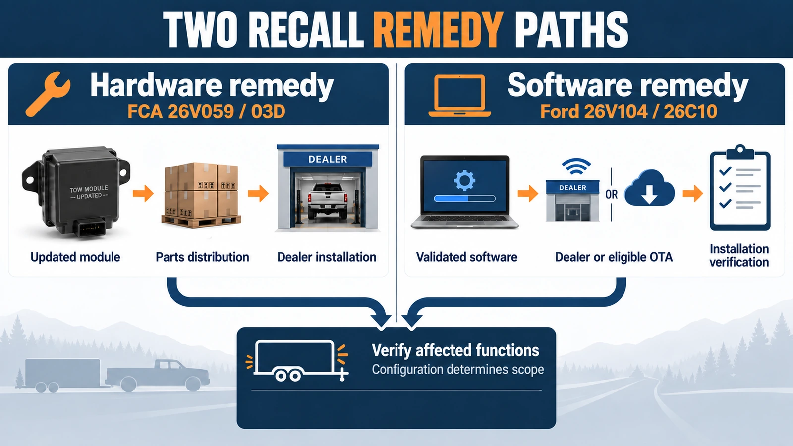 Hardware and software remedy paths in 2026 trailer tow-module recalls