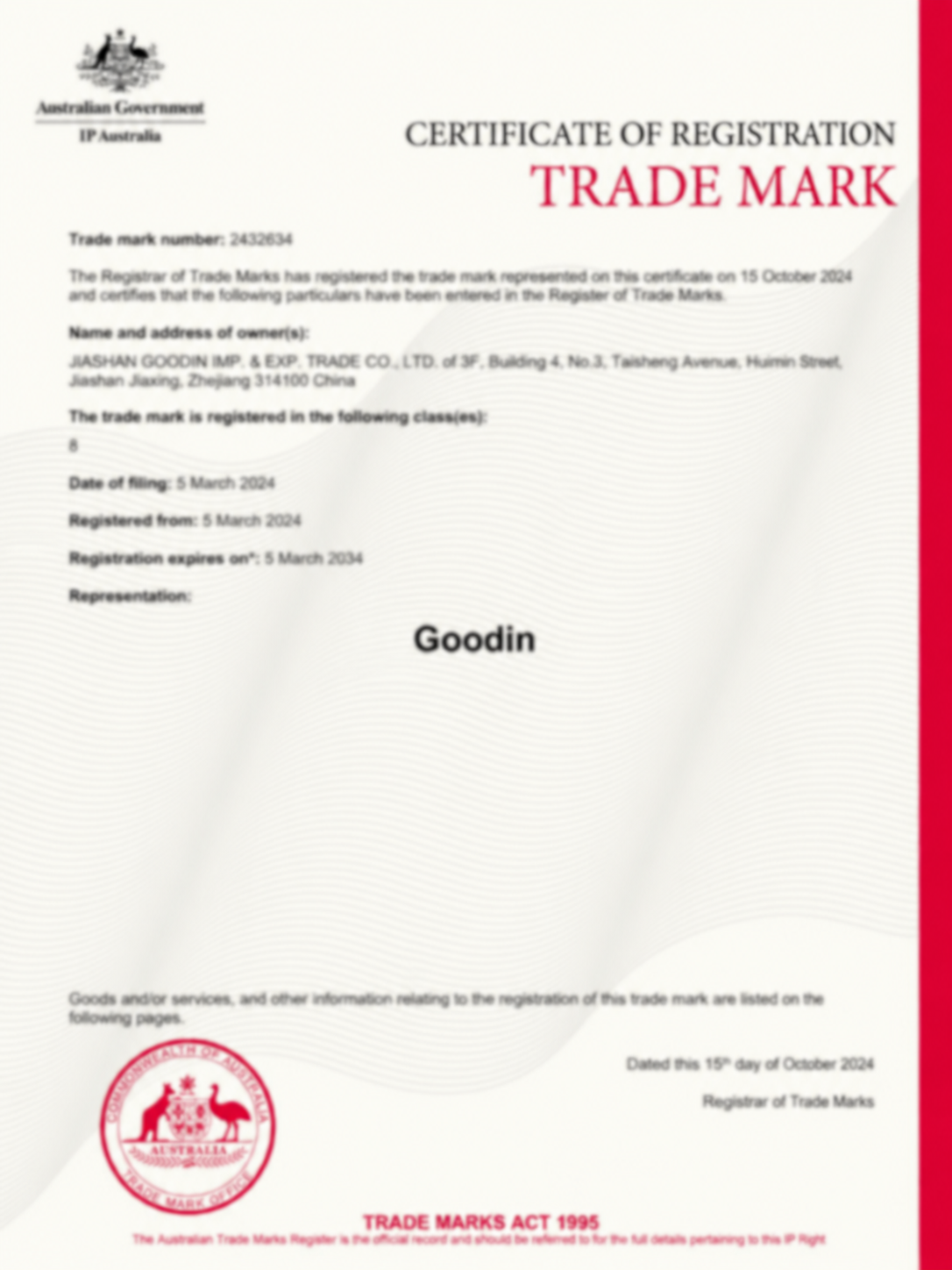 GOODIN Australia trademark registration