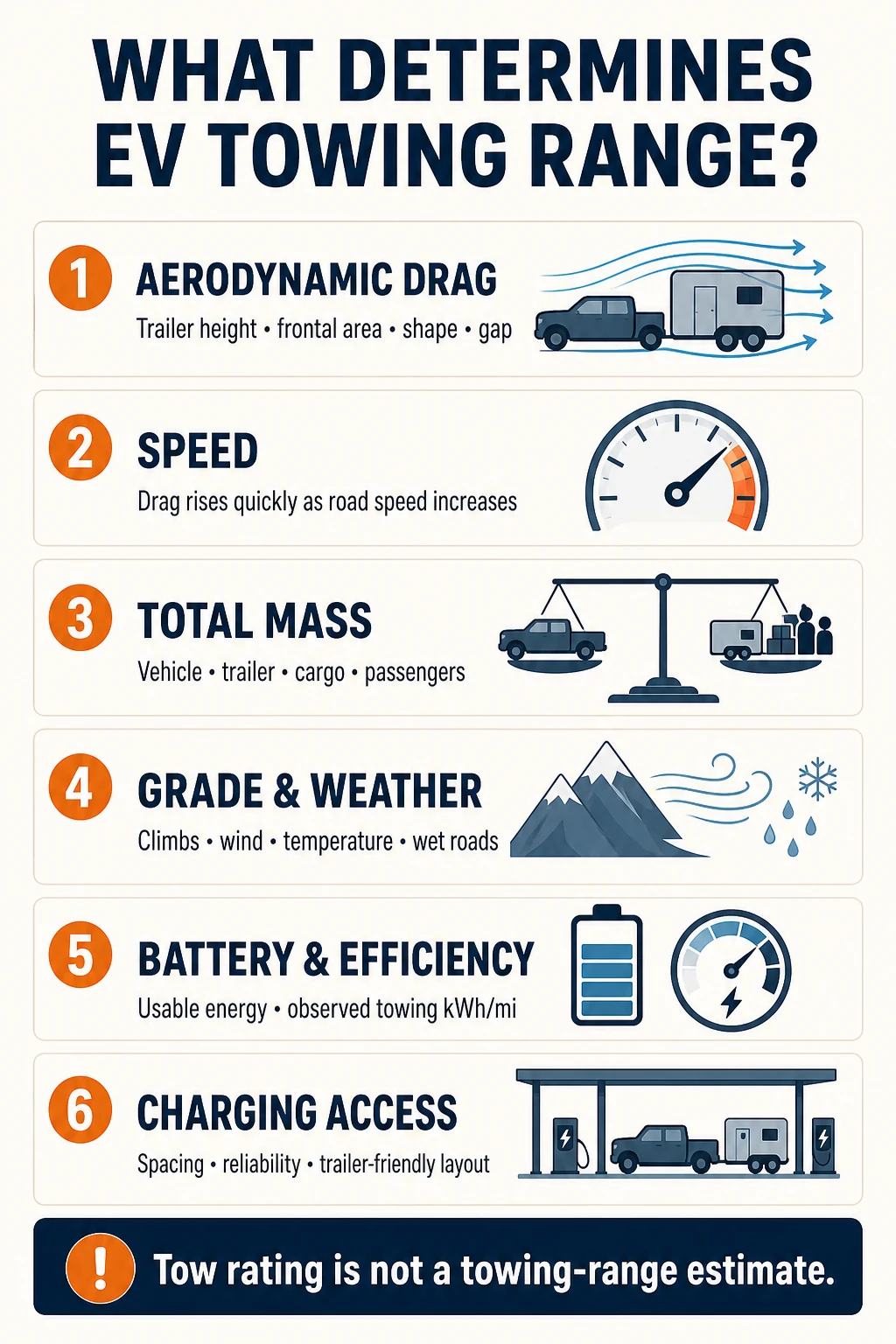 Infographic listing six factors that determine EV towing range