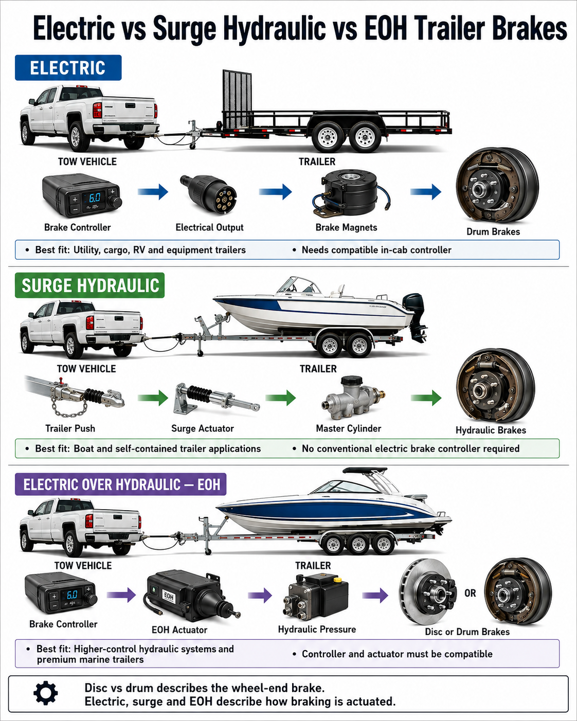 comparison of electric surge hydraulic and electric over hydraulic trailer brake systems
