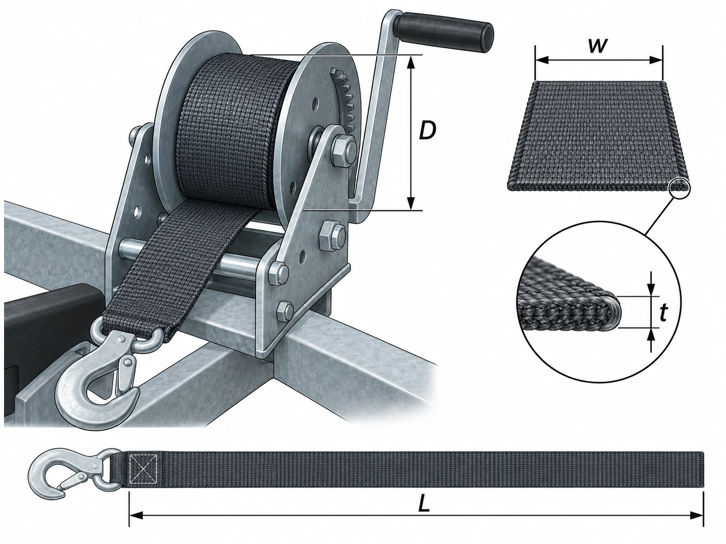 Winch strap width, thickness and length affecting drum capacity.