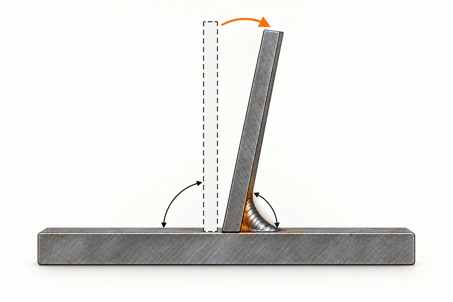 Localized welding shrinkage causing angular distortion in a steel mounting plate.
