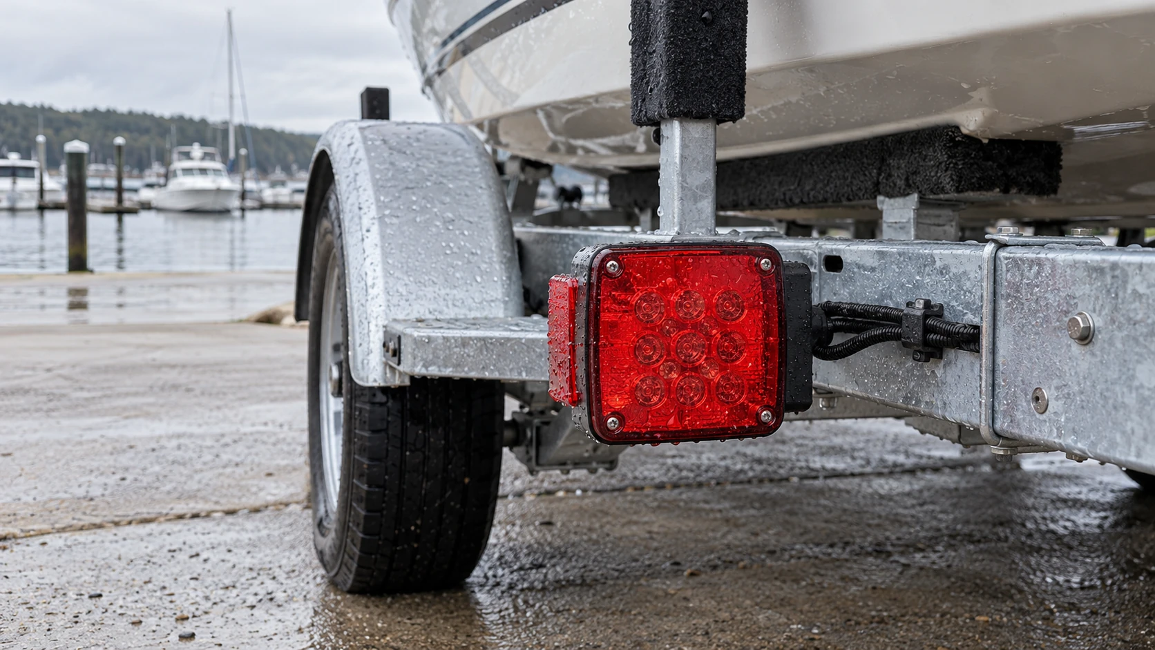 Carreta de barco após a retirada da água, com gotas na lanterna LED traseira e no chassi.