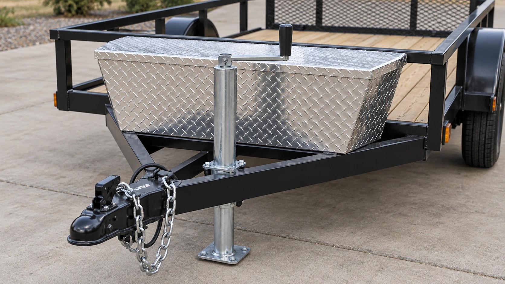 Trailer tongue toolbox positioned behind a central jack with crank operating clearance