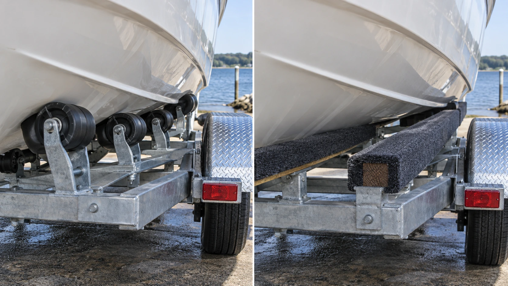 Boat trailer rollers compared with carpeted bunk supports.