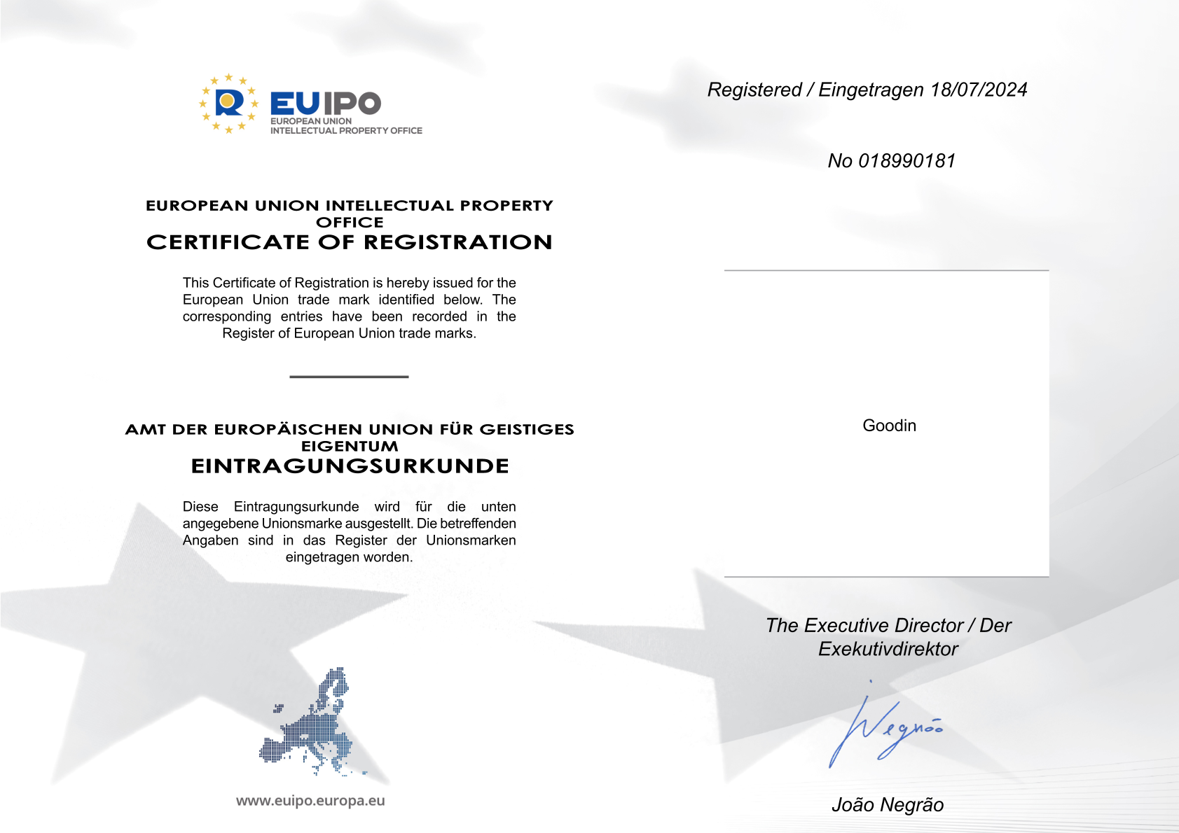 GOODIN European Union trademark registration