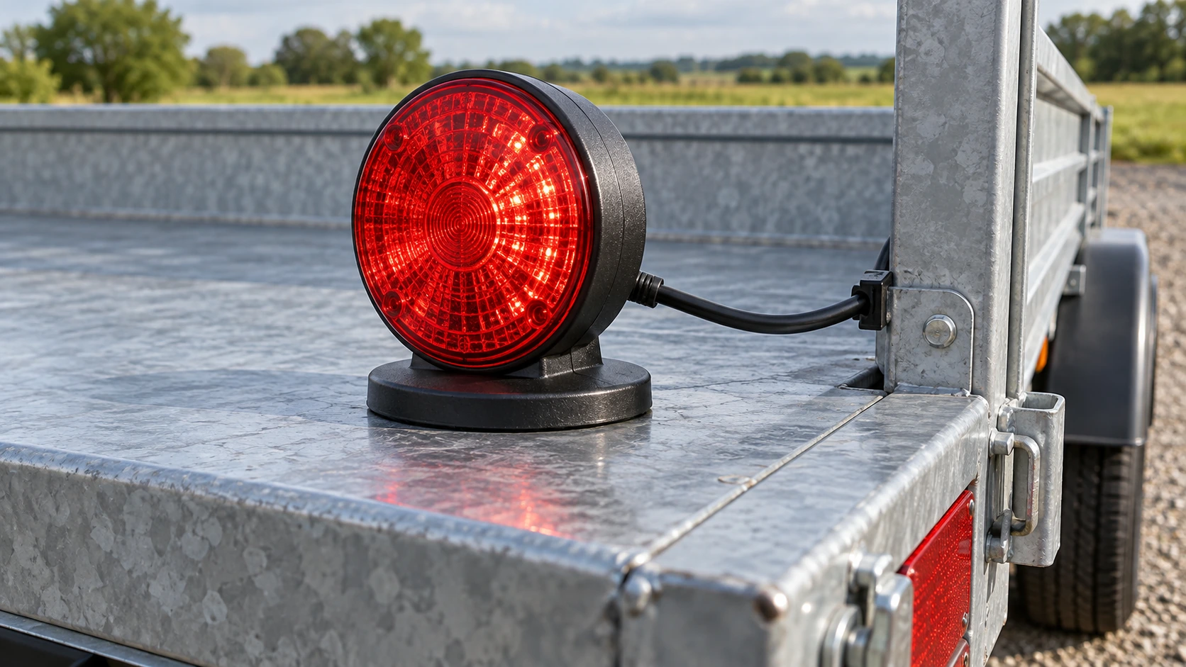 Magnetic trailer light attached to a flat steel trailer mounting surface