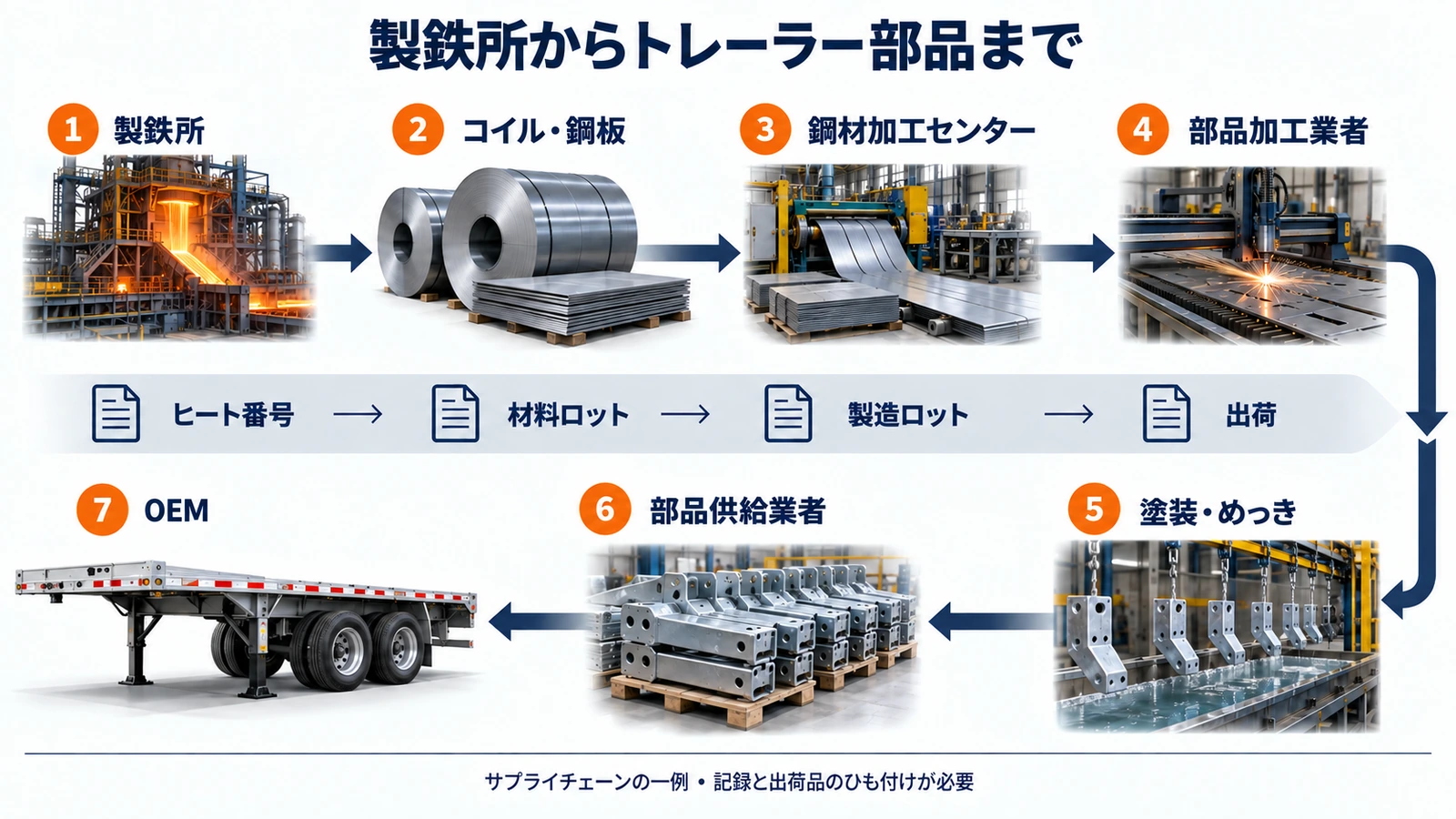 製鉄所から完成トレーラー部品までの鋼材供給網の追跡