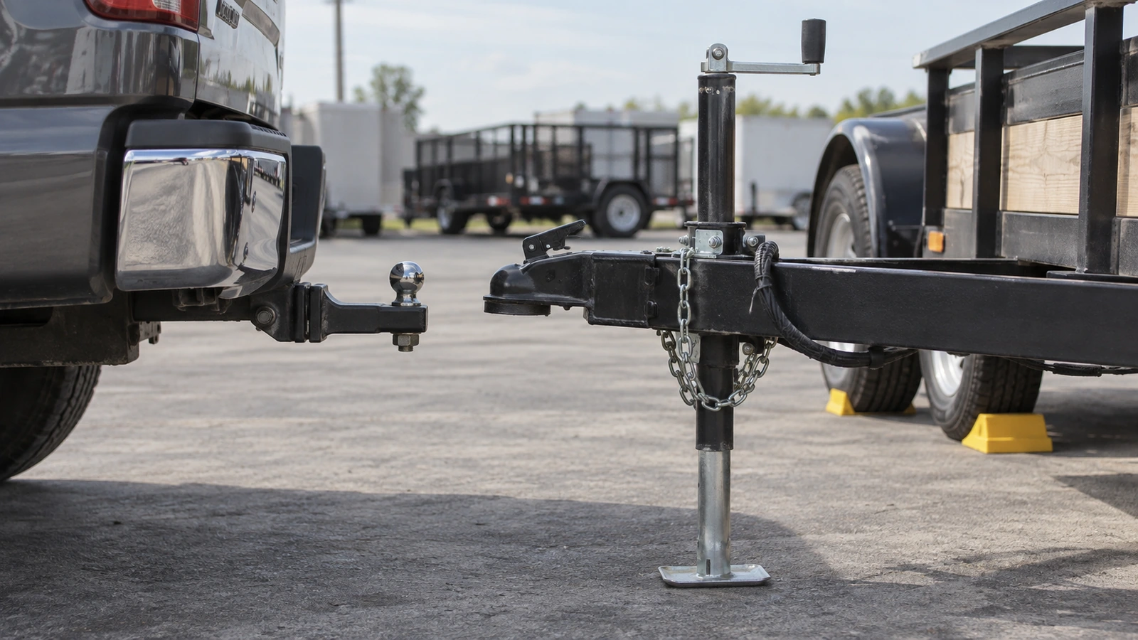 Trailer jack extended while the disconnected trailer coupler remains below the tow vehicle hitch ball.