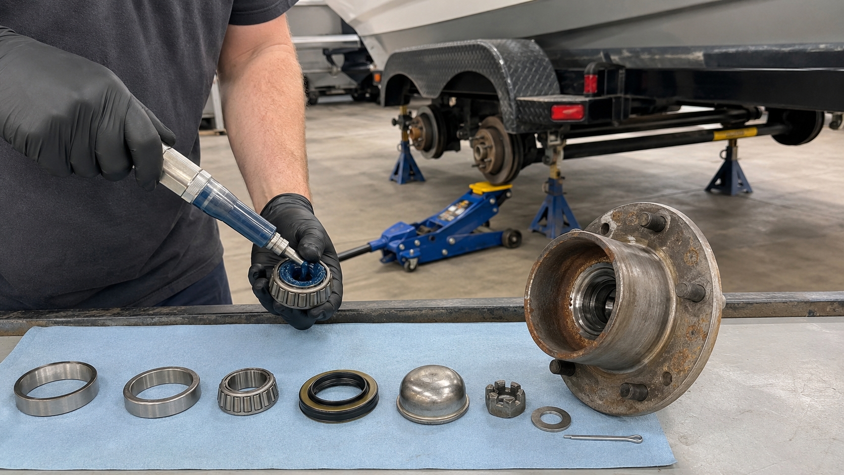 checking oil level and milky lubricant through a boat trailer oil-bath hub sight cap