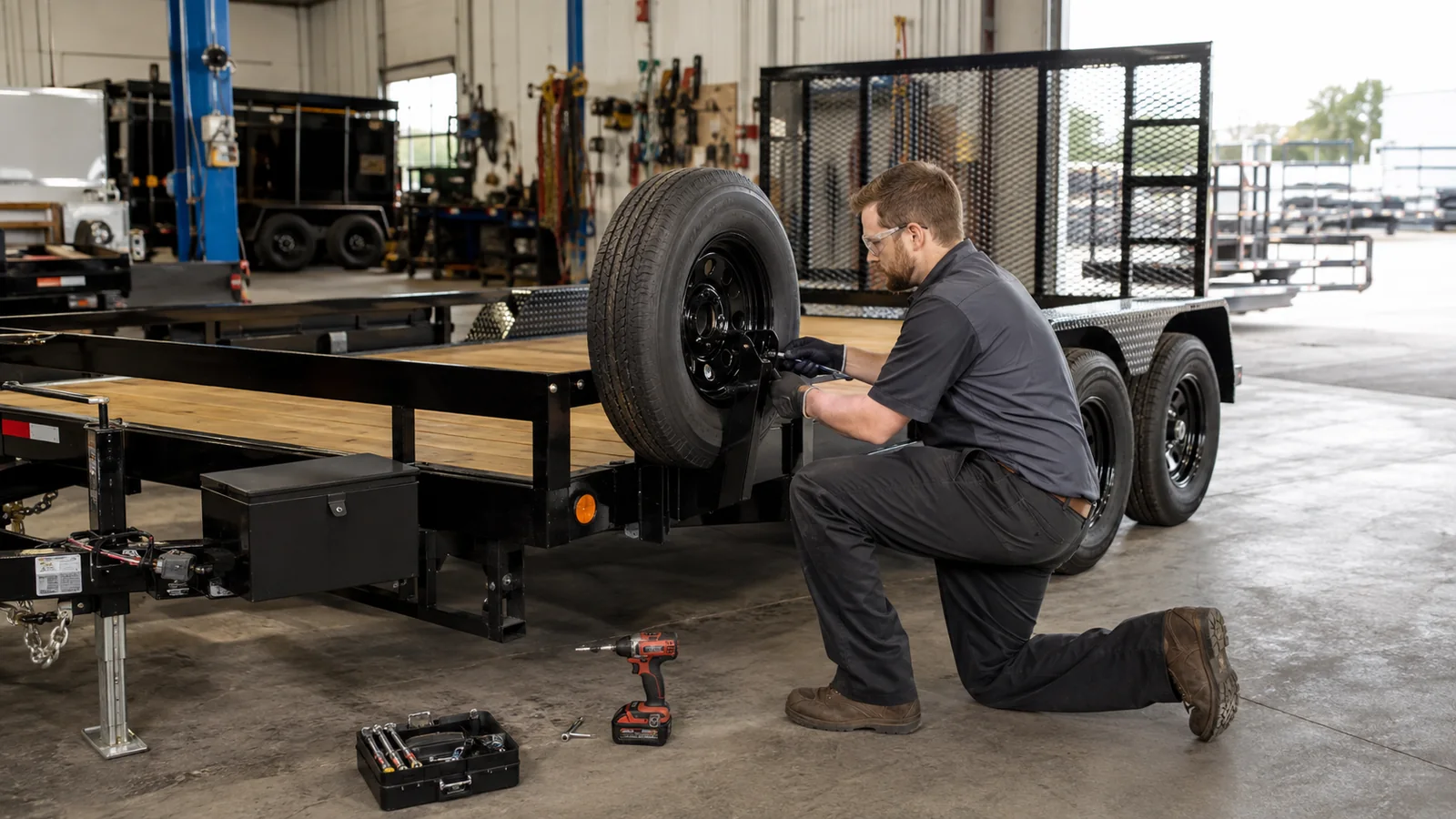 Trailer dealer installing work-ready accessories before delivering an equipment trailer