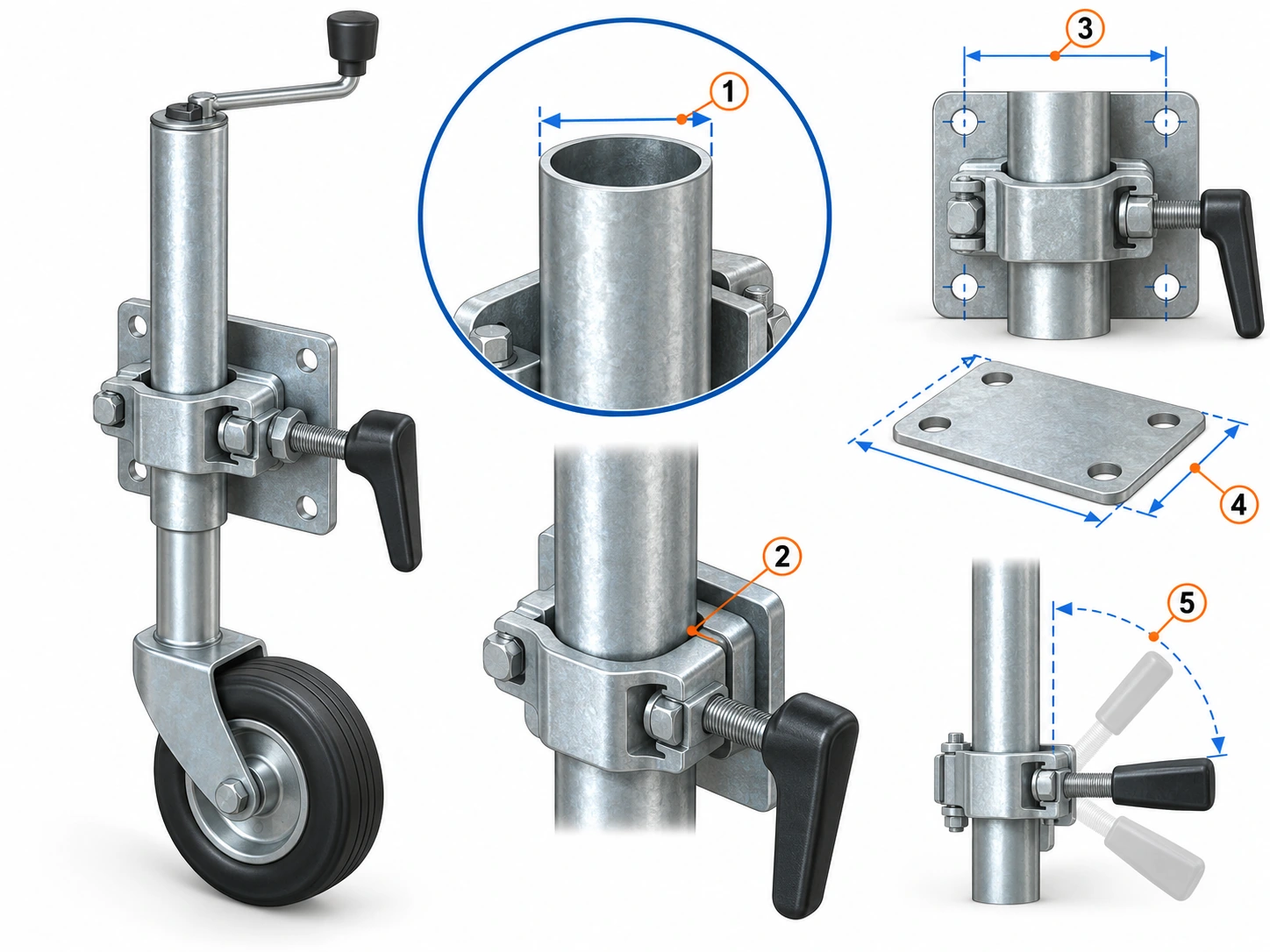 Esquema técnico del diámetro exterior del tubo y los puntos de medición de la abrazadera