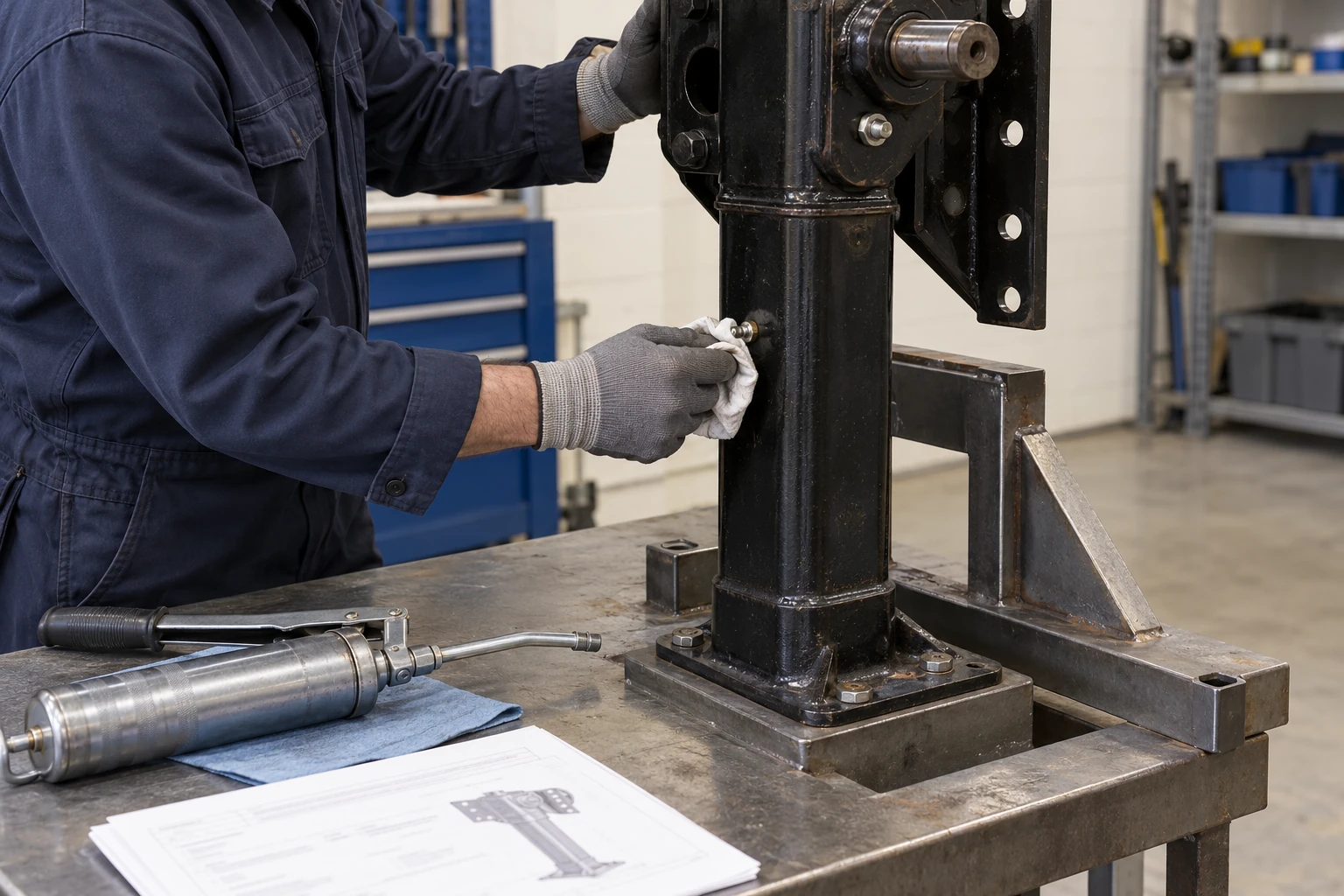 Technician cleans a grease fitting on unloaded landing gear secured to a workshop fixture.